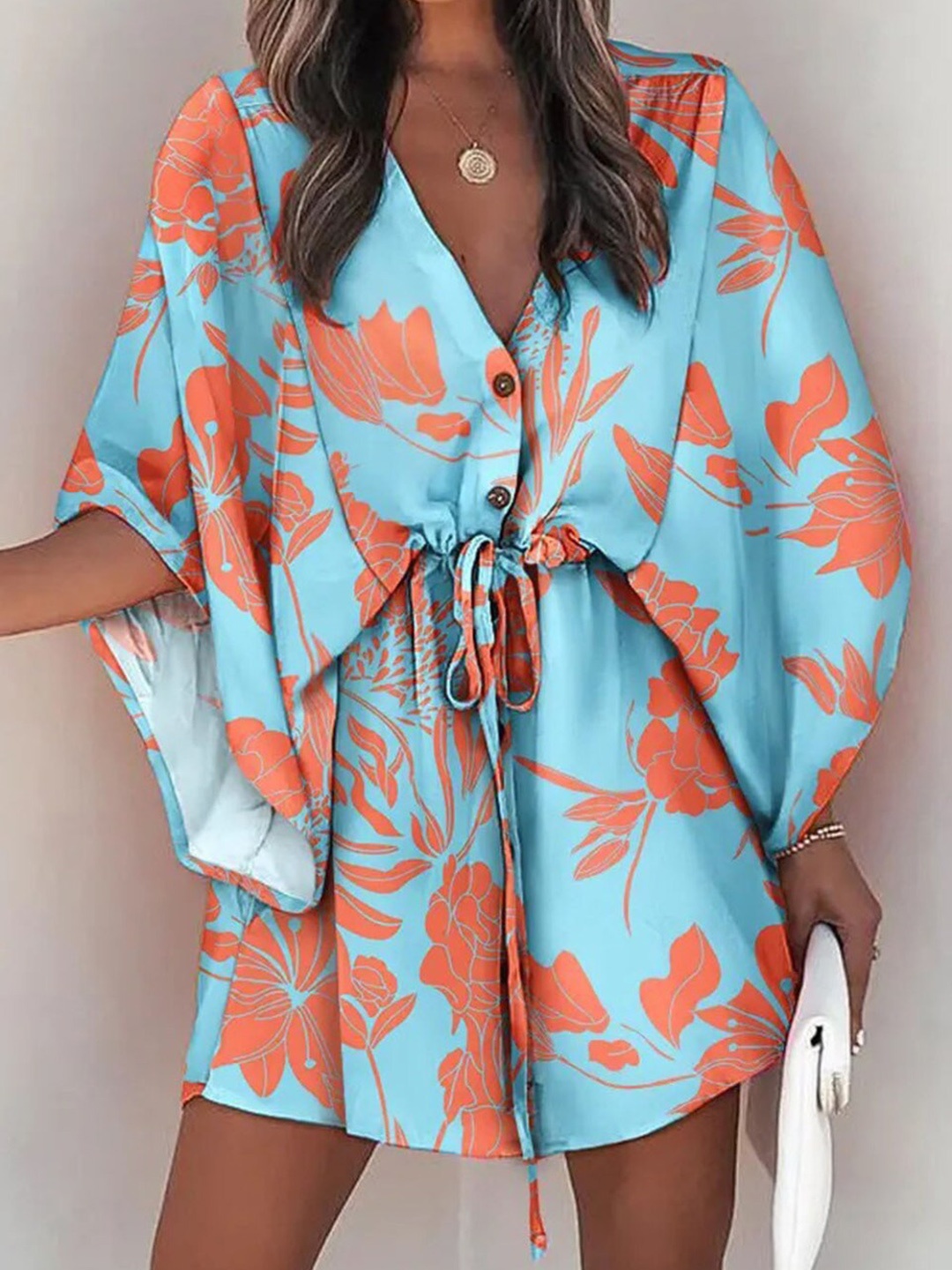 

StyleCast Blue Floral Printed Batwing Sleeves Kaftan Mini Dress