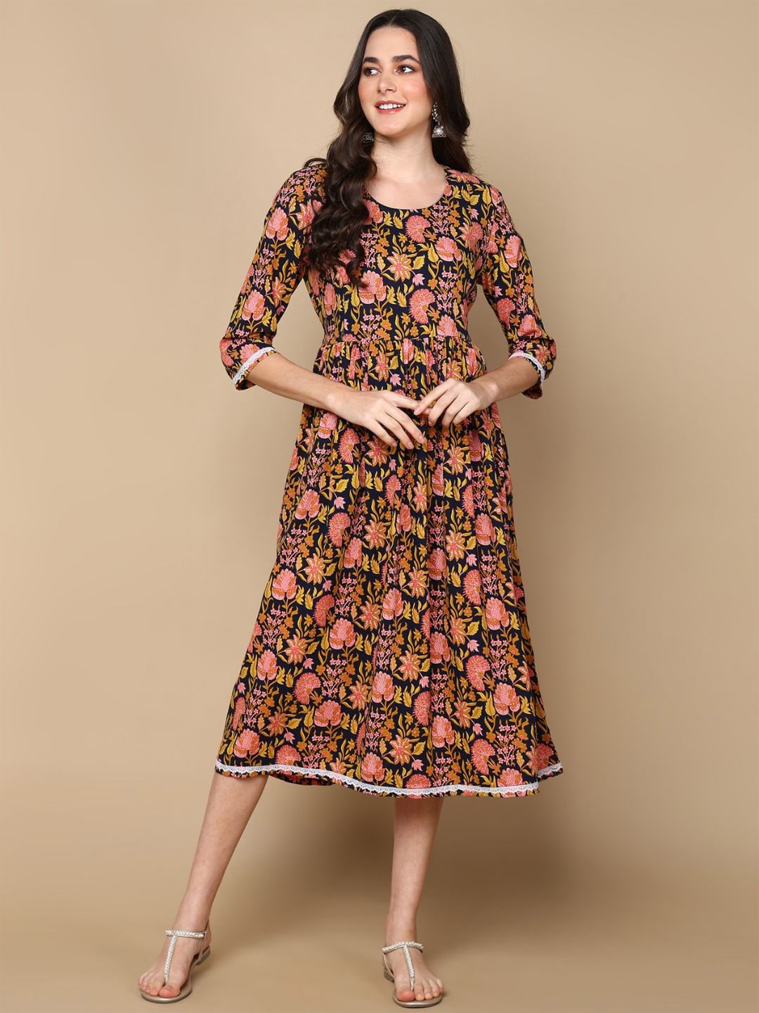 

House Of Zelena Floral Printed Maternity Cotton A-Line Dress, Black