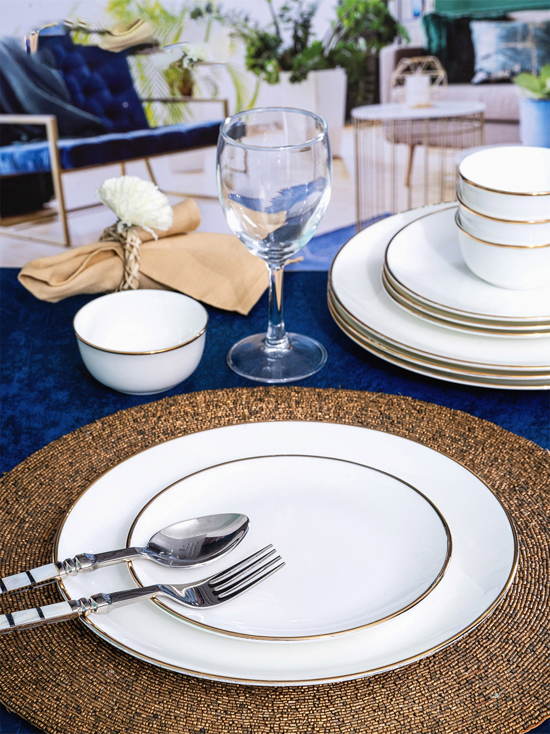 

SONAKI White & Gold Toned Line 12 Pieces Floral Printed Bone China Glossy Dinner Set