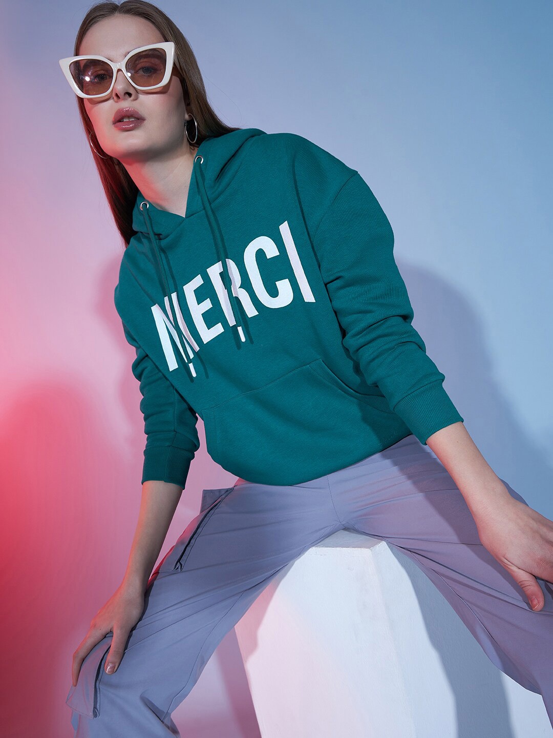 

DressBerry Typography Printed Hooded Pullover, Green