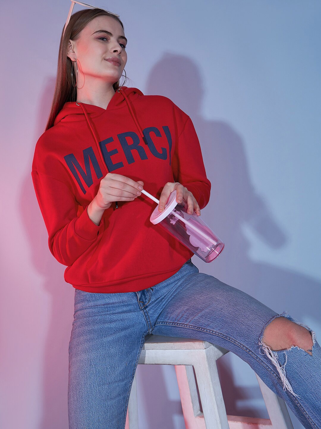 

DressBerry Typography Printed Hooded Pullover, Red