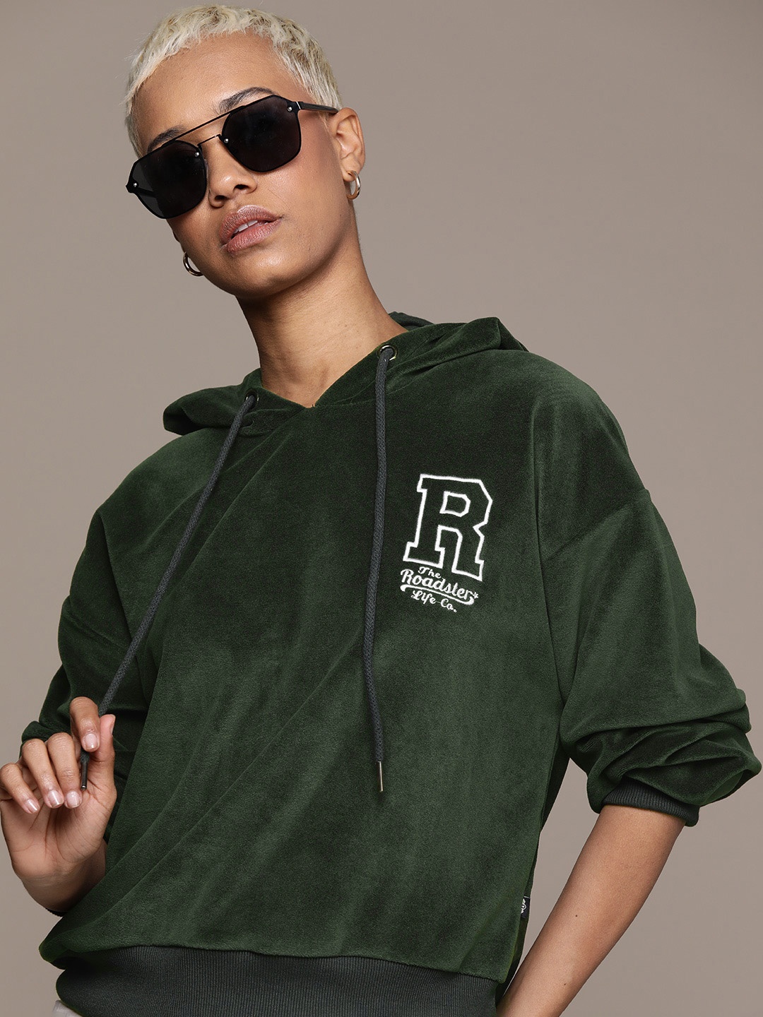 

Roadster Women Velvet Hooded Sweatshirt with Embroidered Detail, Green