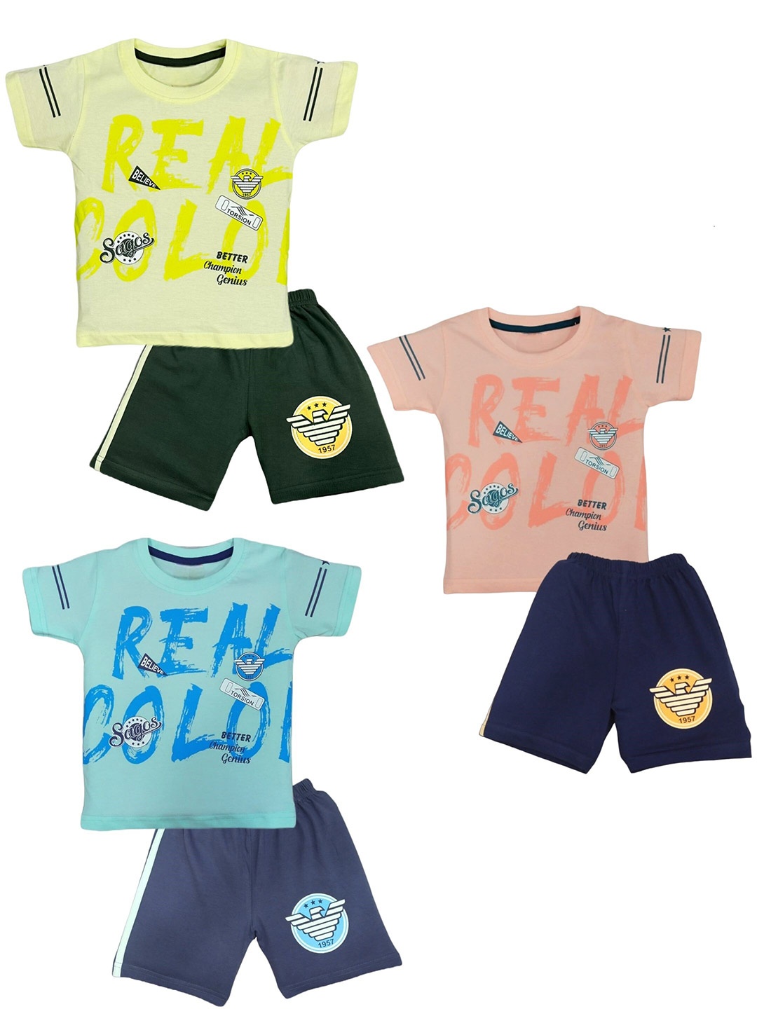 

BAESD Infants Pack Of 3 Printed Pure Cotton T-shirt & Shorts, Blue