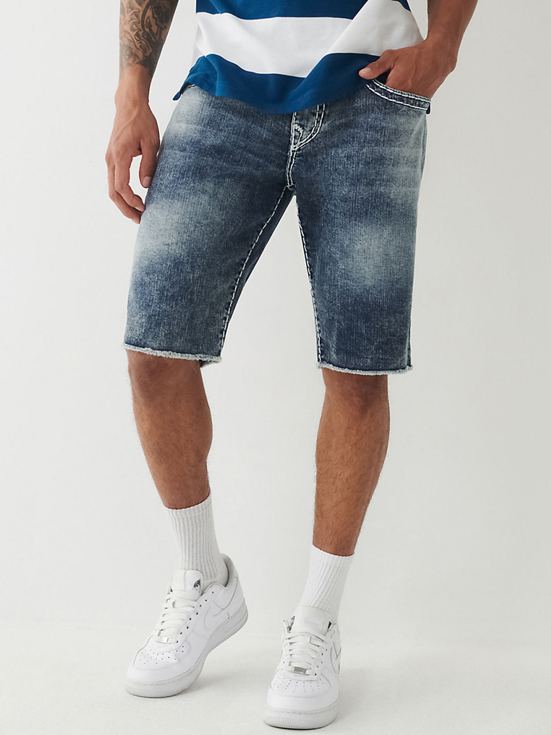 

True Religion Men Mid-Rise Washed Denim Shorts, Blue