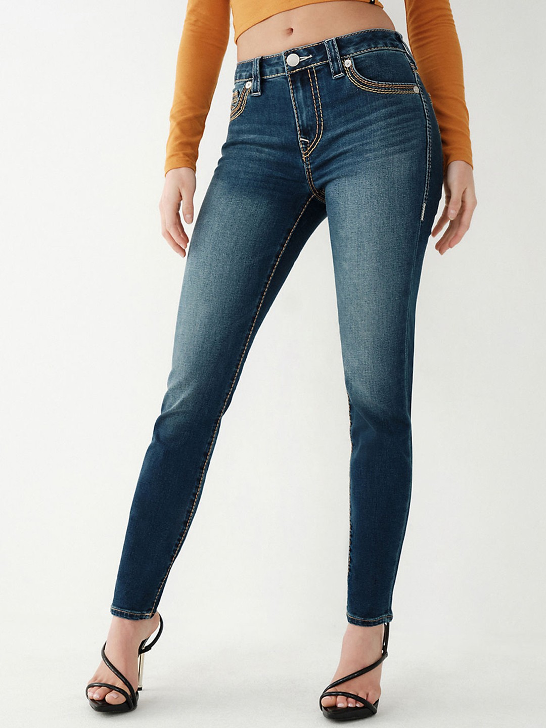 

True Religion Women Big QT Jennie Skinny Fit Clean Look Heavy Fade Stretchable Jeans, Blue