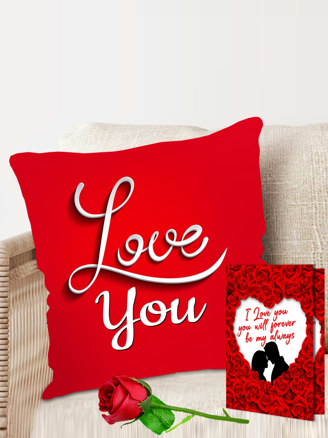 

ME & YOU 3 Pcs Red Printed Cushion With Greeting Card & Rose Valentines Day Gift Set