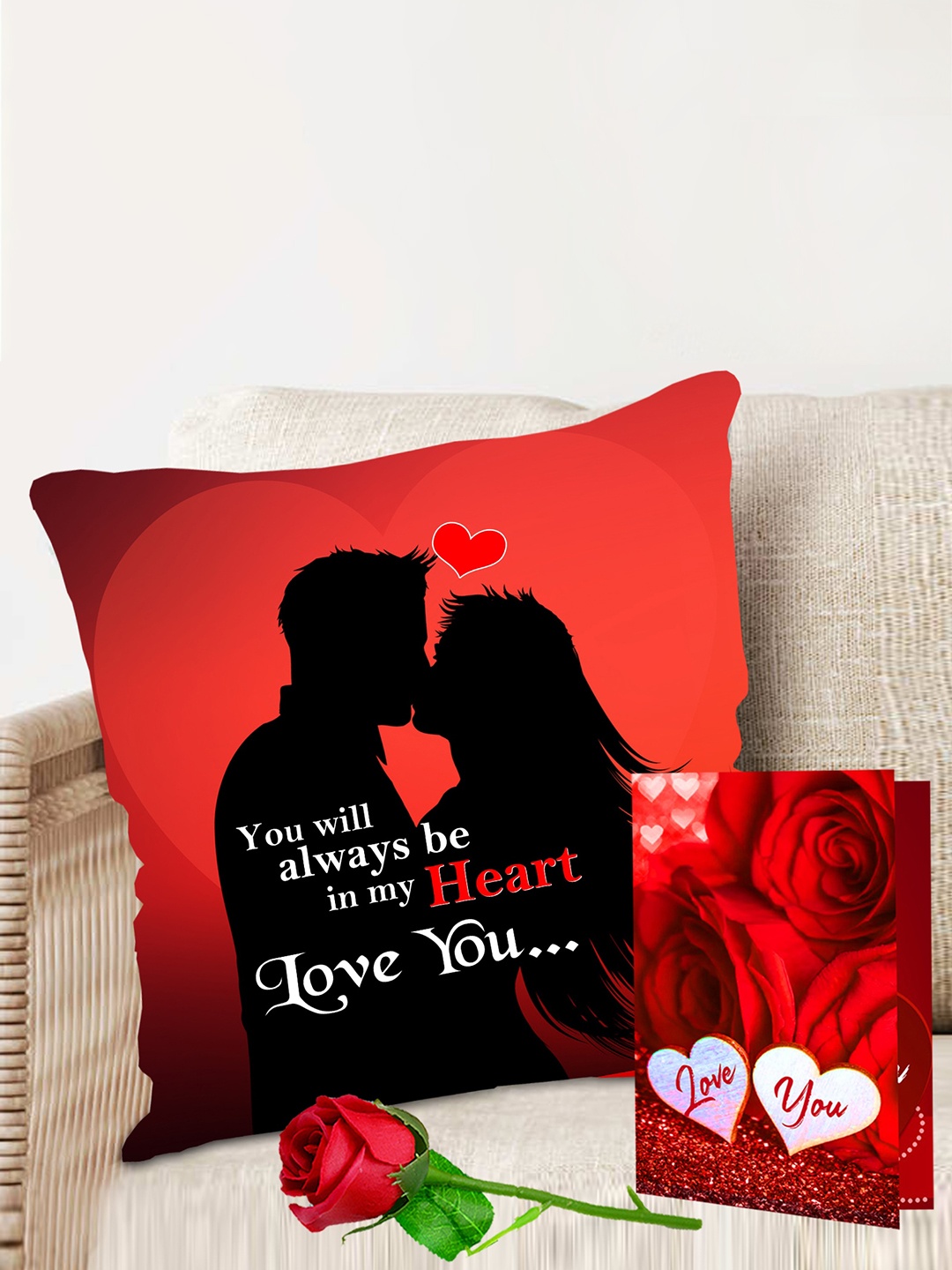 

ME & YOU 3 Pcs Black & Red Print Cushion With Greeting Card & Rose Valentines Day Gift Set