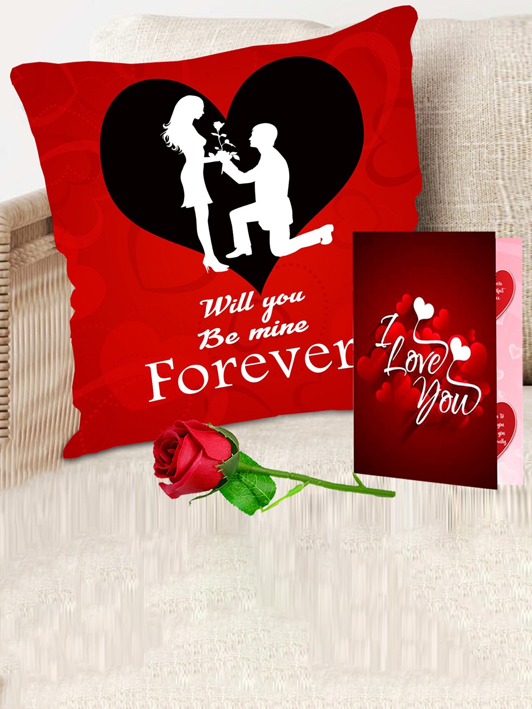 

ME & YOU 3 Pcs Red Printed Cushion With Greeting Card & Rose Valentines Day Gift Set