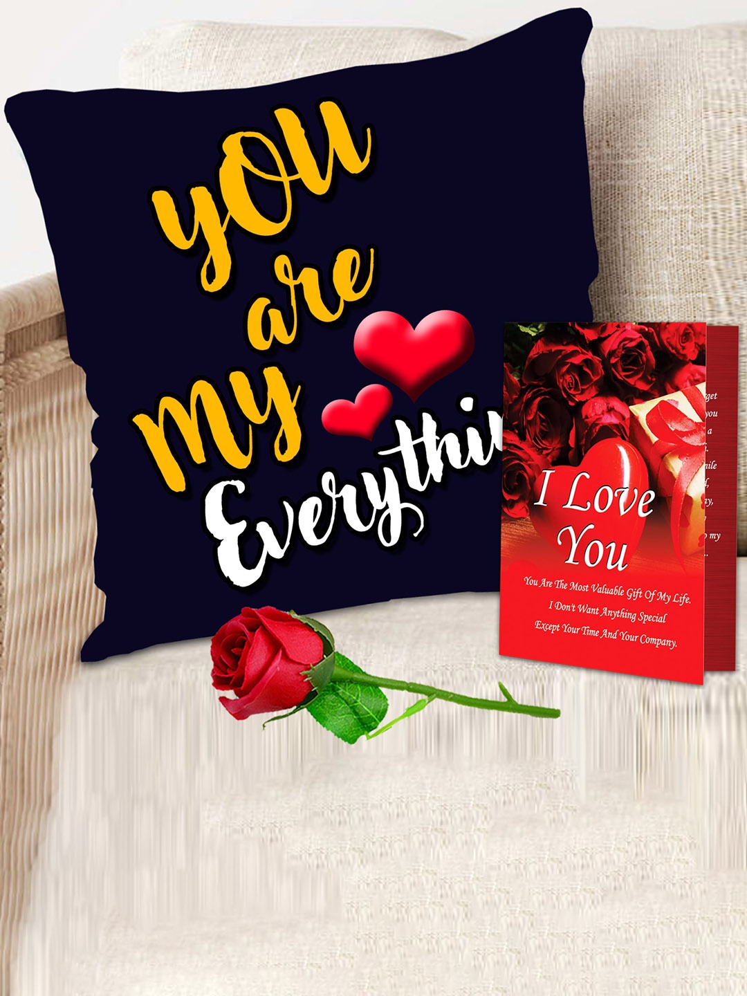 

ME & YOU 3 Pcs Blue & Red Print Cushion With Greeting Card & Rose Valentines Day Gift Set