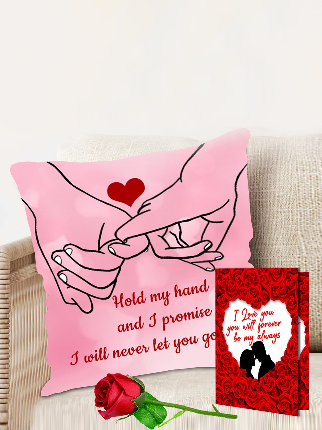 

ME & YOU Pink & Red 2 Pieces Printed Cushion & Greeting Card Valentines Day Gift Set