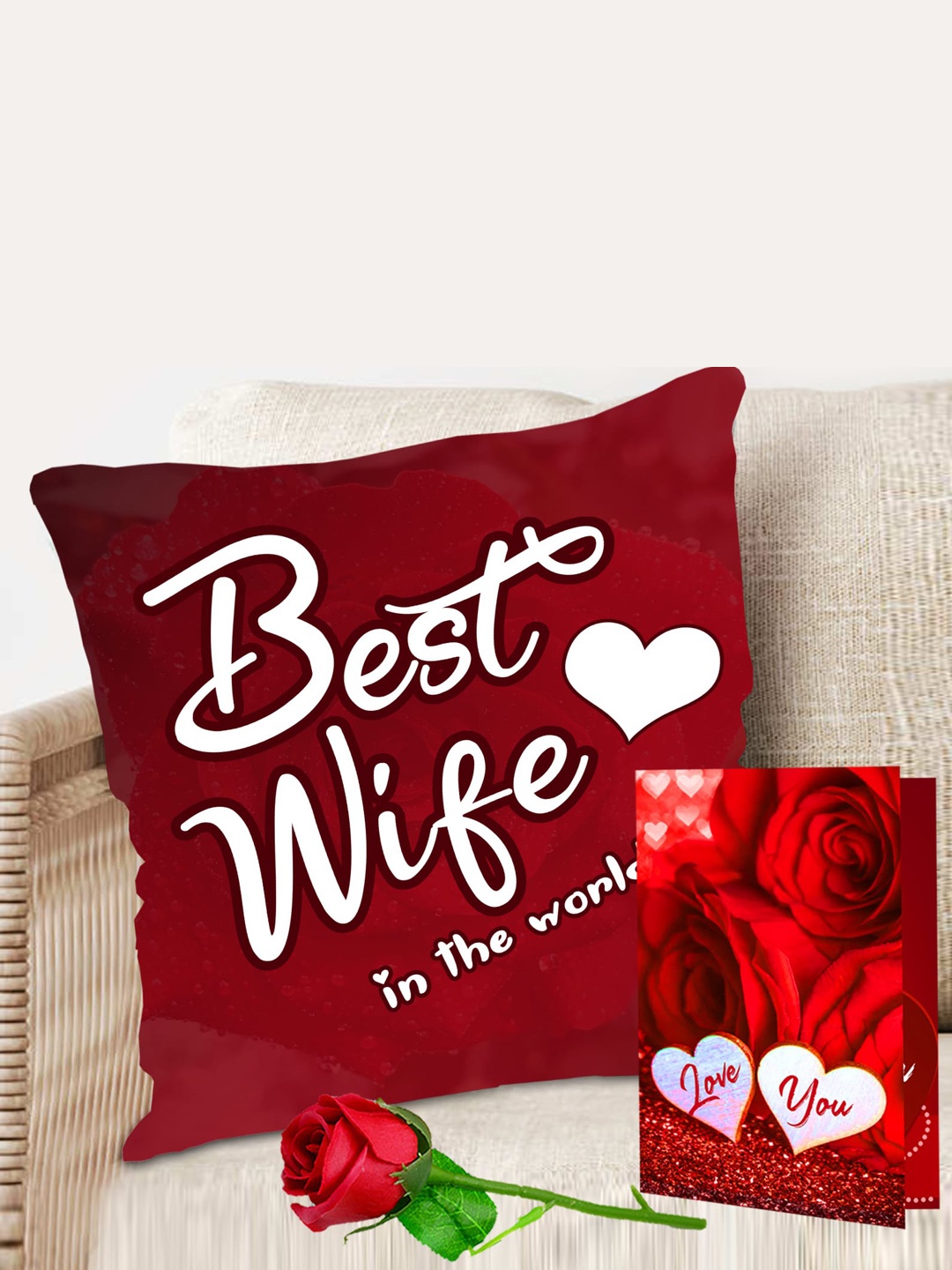 

ME & YOU 3 Pcs Red Printed Cushion With Greeting Card & Rose Valentines Day Gift Set