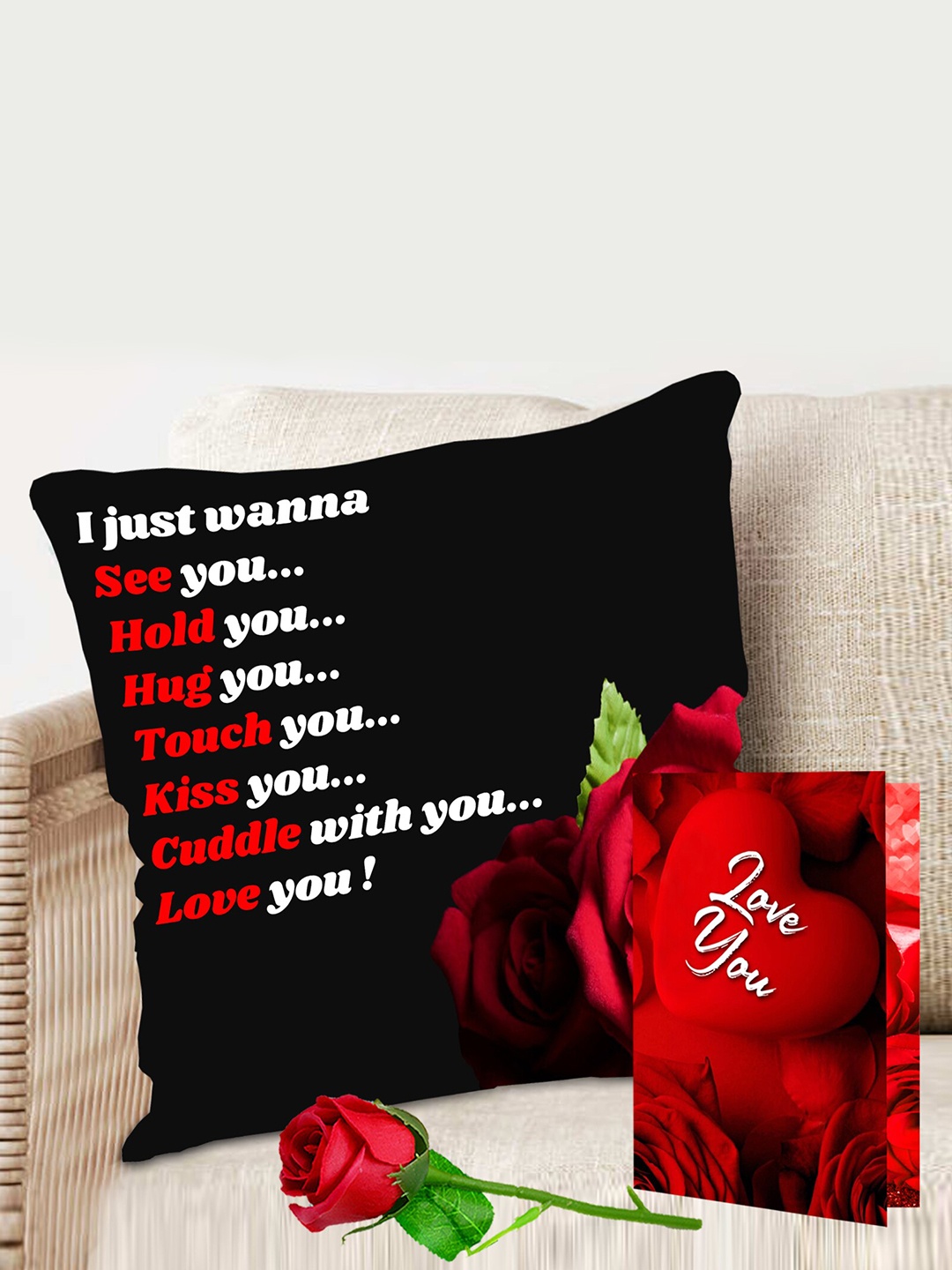 

ME & YOU Black & Red 2 Pieces Printed Cushion & Greeting Card Valentines Day Gift Hamper