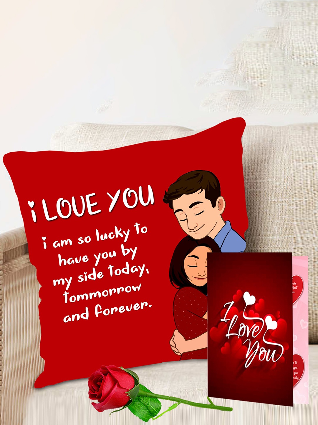 

ME & YOU White & Red 2 Pcs Printed Cushion & Greeting Card Valentines Day Gift Hamper