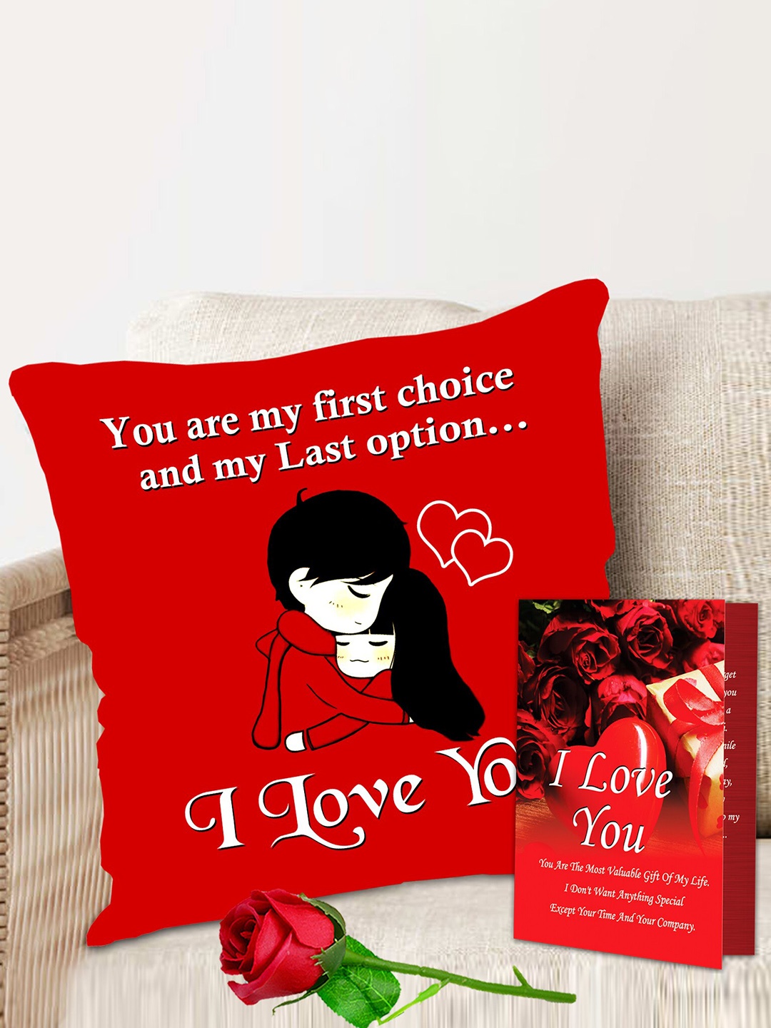 

ME & YOU 3 Pcs Red Printed Cushion With Greeting Card & Rose Valentines Day Gift Set