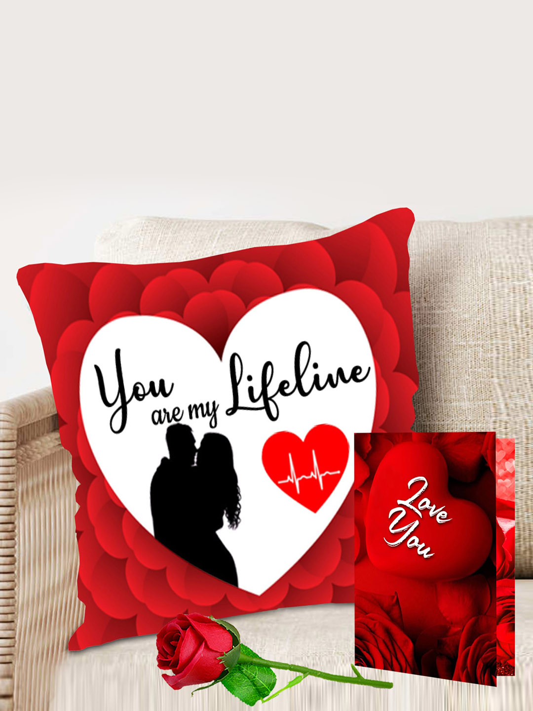 

ME & YOU 3 Pcs Red & White Print Cushion With Greeting Card & Rose Valentines Day Gift Set