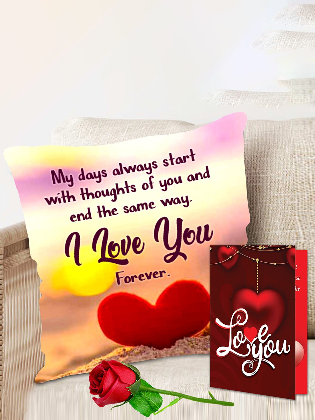 

ME & YOU 3 Pcs Yellow & Red Cushion With Greeting Card & Rose Valentines Day Gift Set