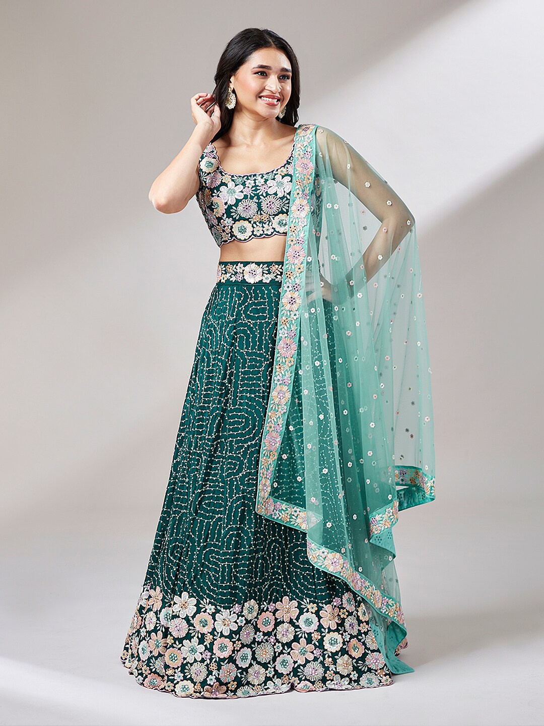 

VAANI CREATION Sequinned Semi-Stitched Lehenga & Unstitched Blouse With Dupatta, Teal