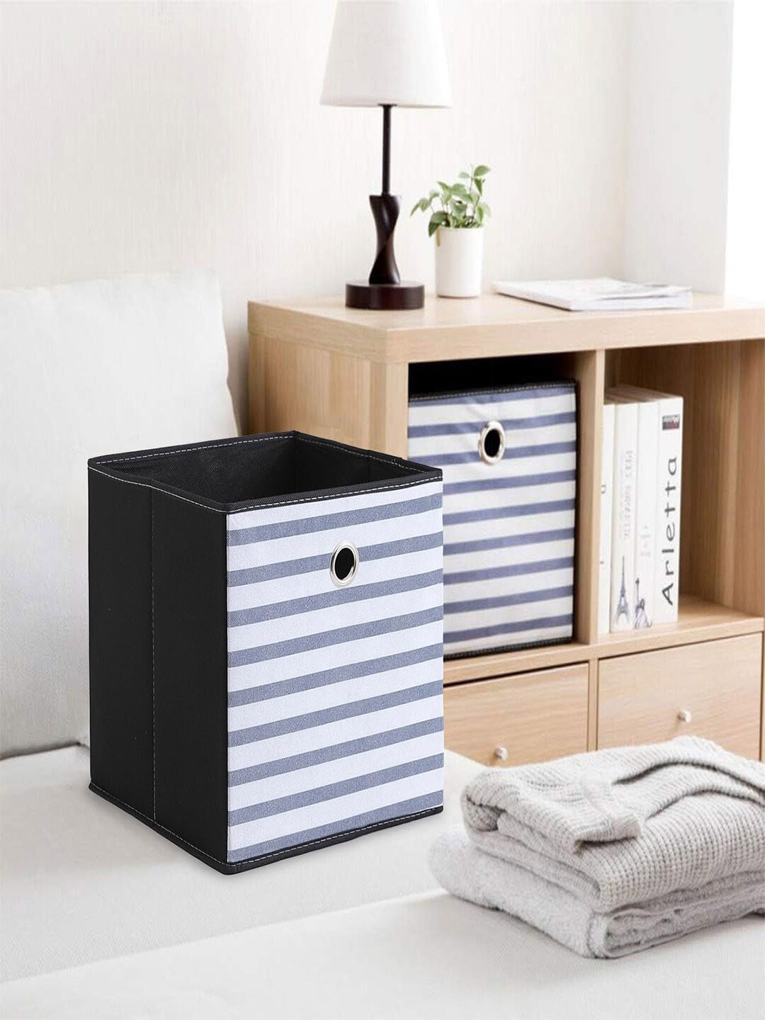 

Kuber Industries Blue & Black Striped Multi Utility Square Foldable Storage Basket