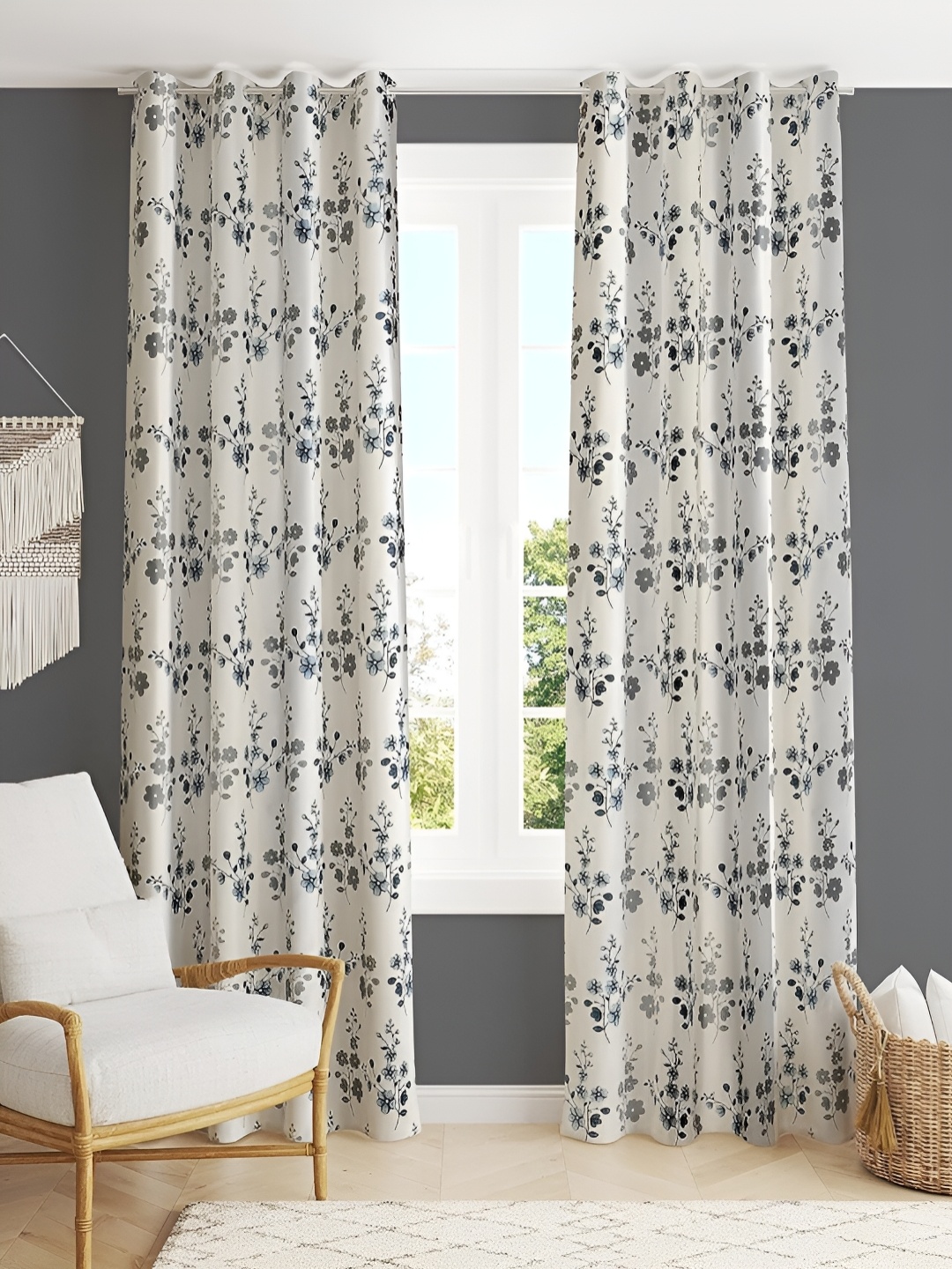 

stuffique Grey 2 Pieces Floral Eyelet Window Curtain