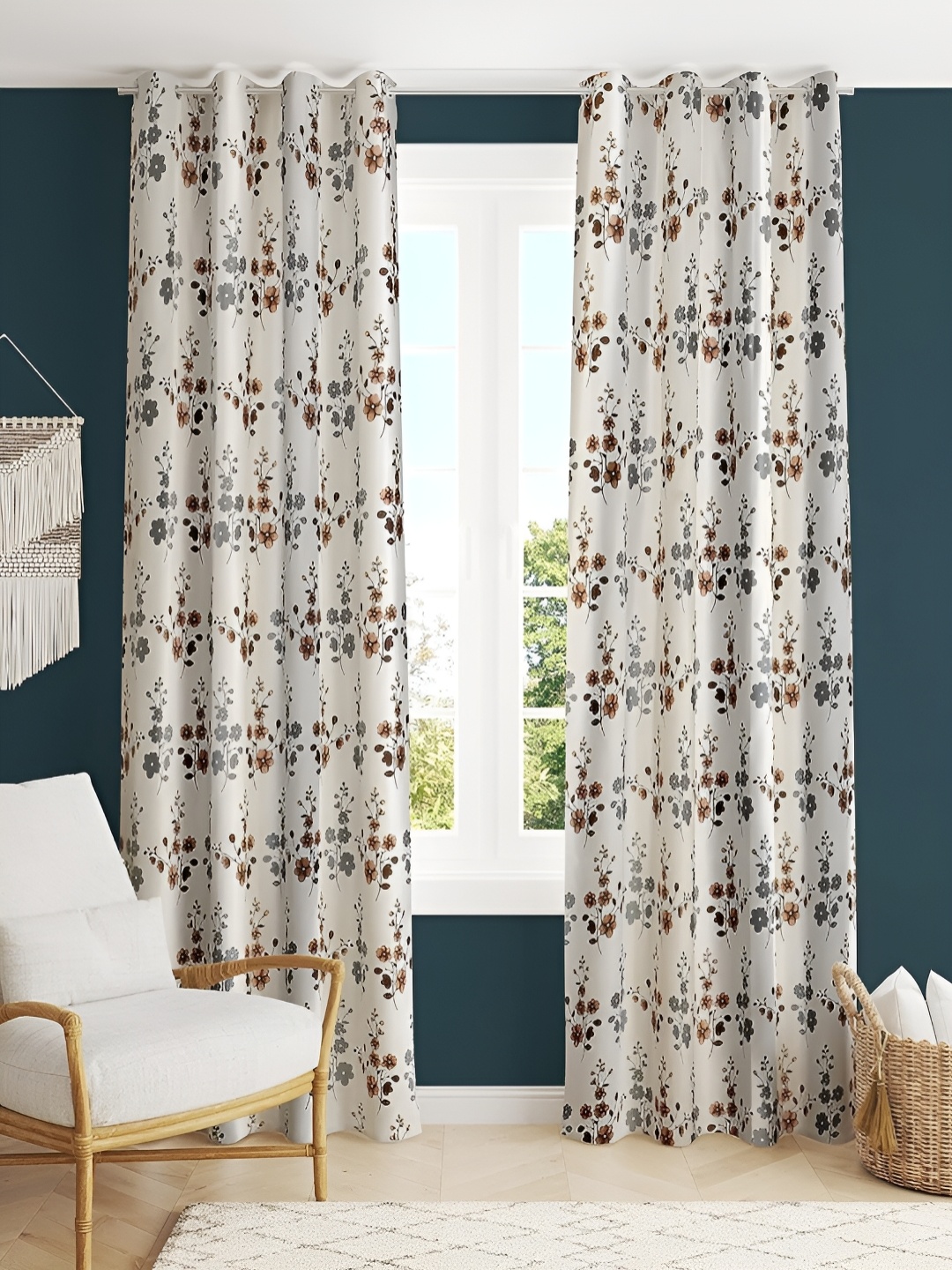 

stuffique Brown 2 Pieces Floral Eyelet Window Curtain