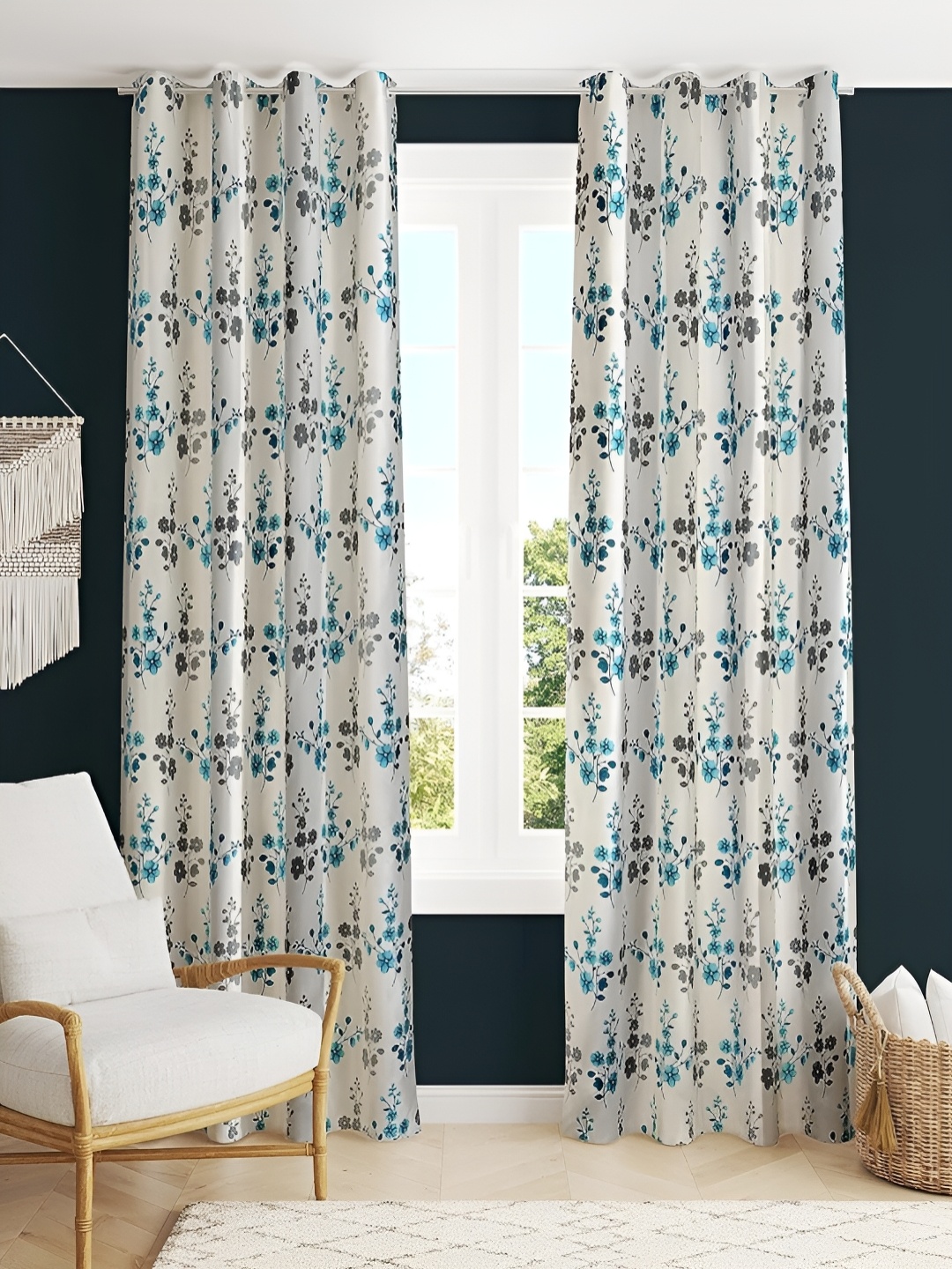 

stuffique Teal 2 Pieces Floral Eyelet Window Curtain