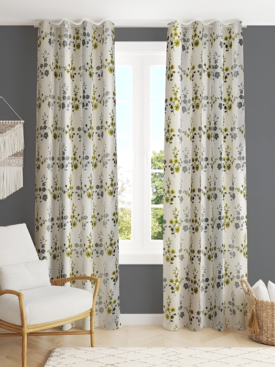 

stuffique Green 2 Pieces Floral Eyelet Window Curtain
