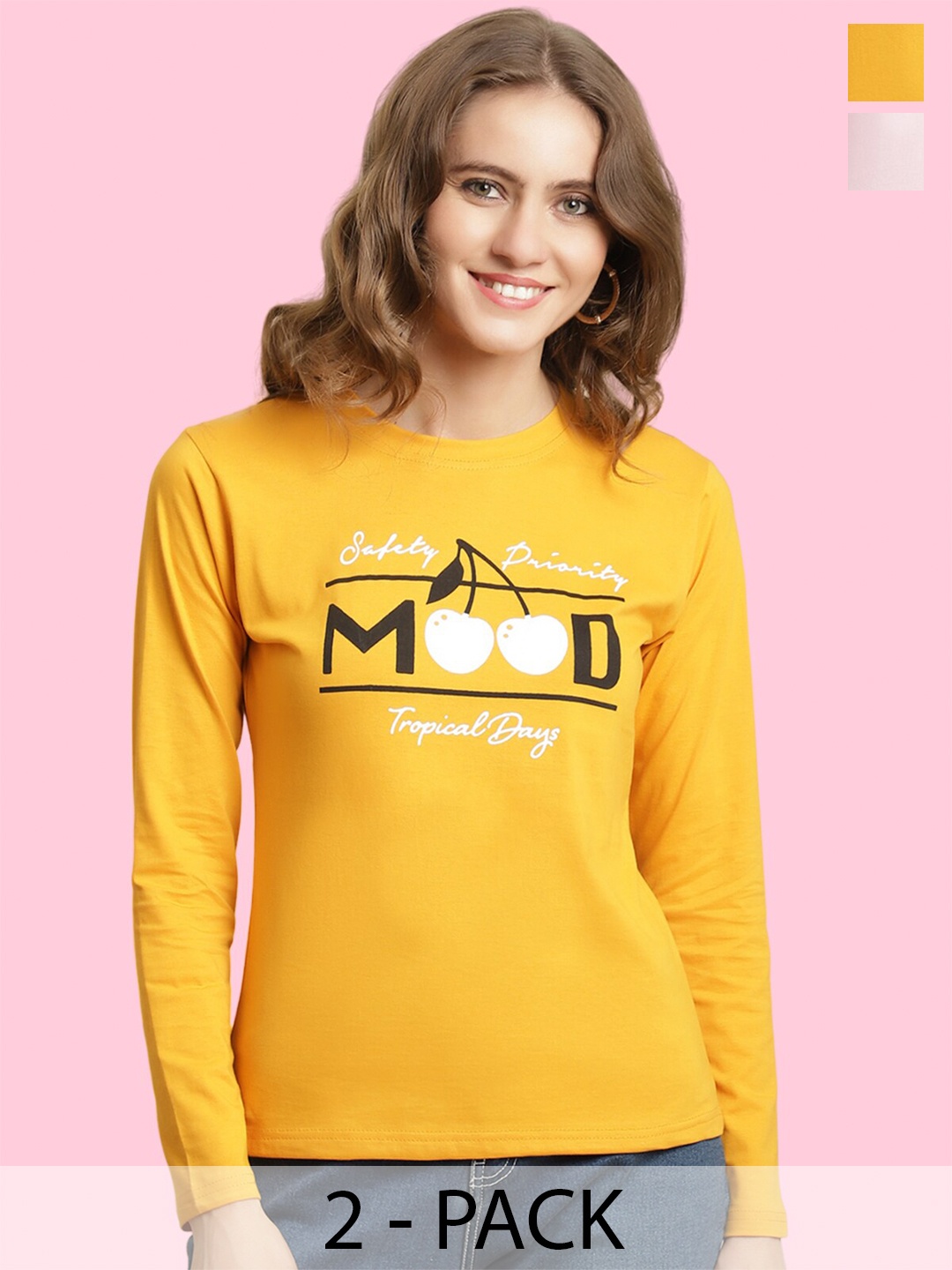 

BAESD Pack Of 2 Typography Printed Long Sleeves Cotton T-shirt, Mustard