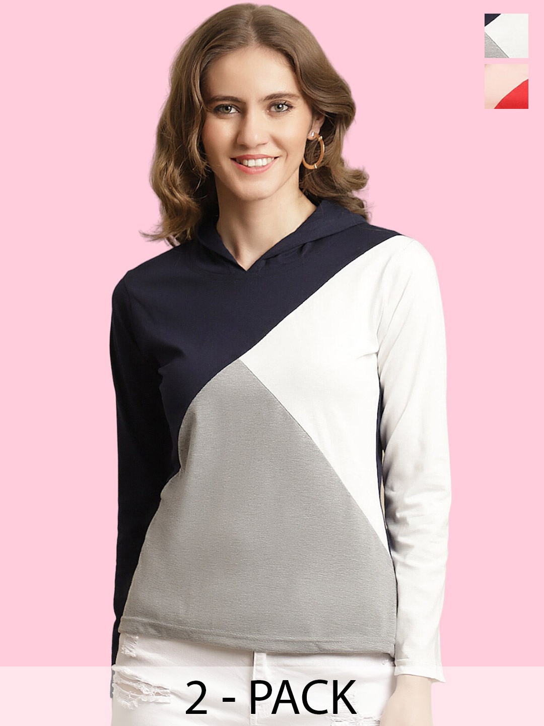 

BAESD Pack Of 2 Colourblocked Hooded Cotton T-shirts, Navy blue