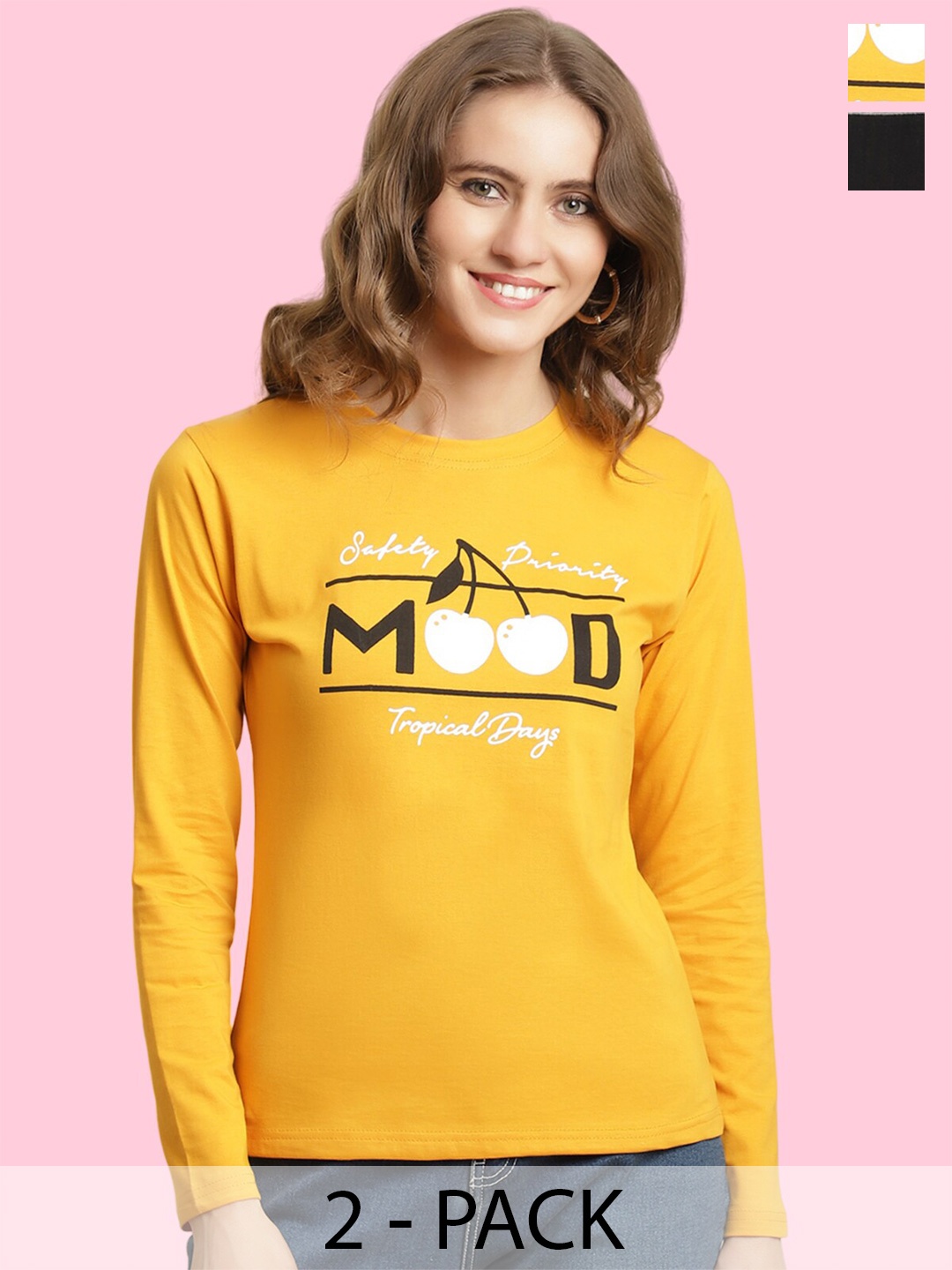 

BAESD Pack Of 2 Typography Printed Long Sleeves Cotton T-shirt, Mustard