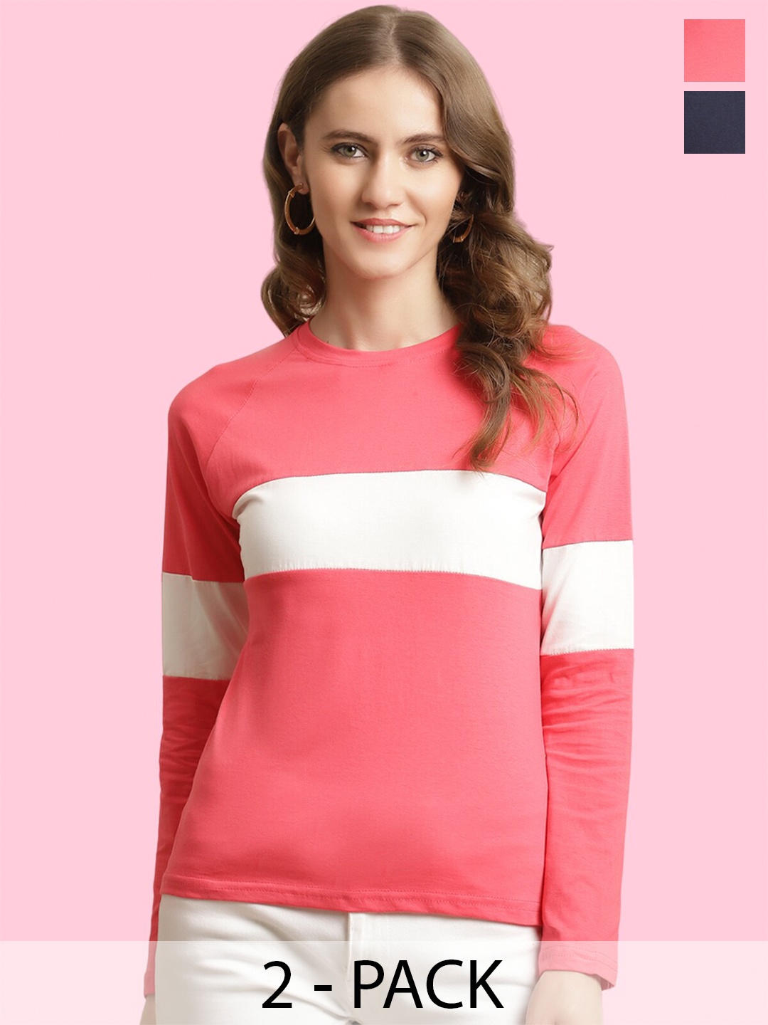 

BAESD Pack Of 2 Colourblocked Long Sleeves Round Neck Cotton T-shirts, Pink