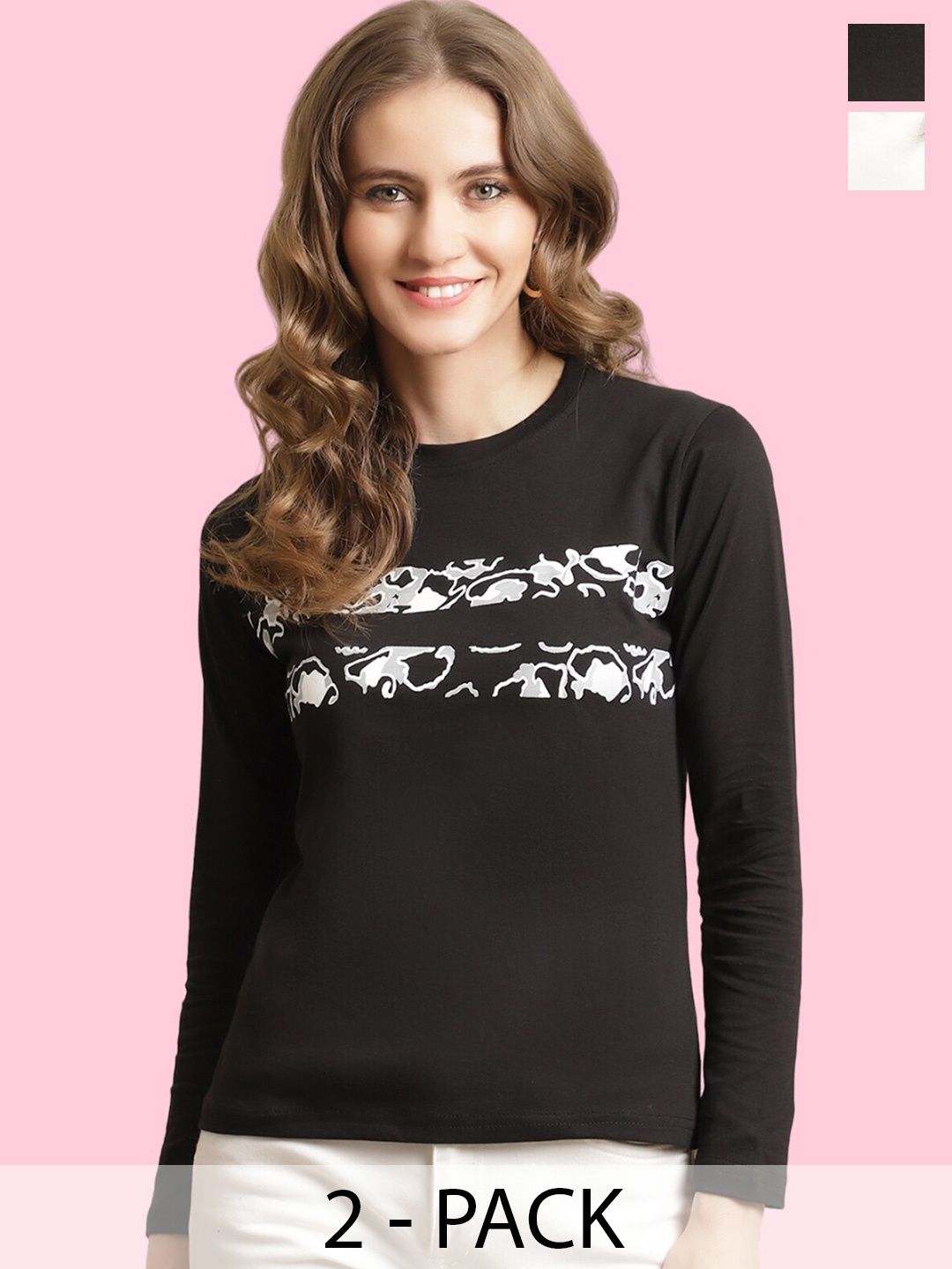 

BAESD Pack Of 2 Abstract Printed Long Sleeves Cotton T-shirt, Black