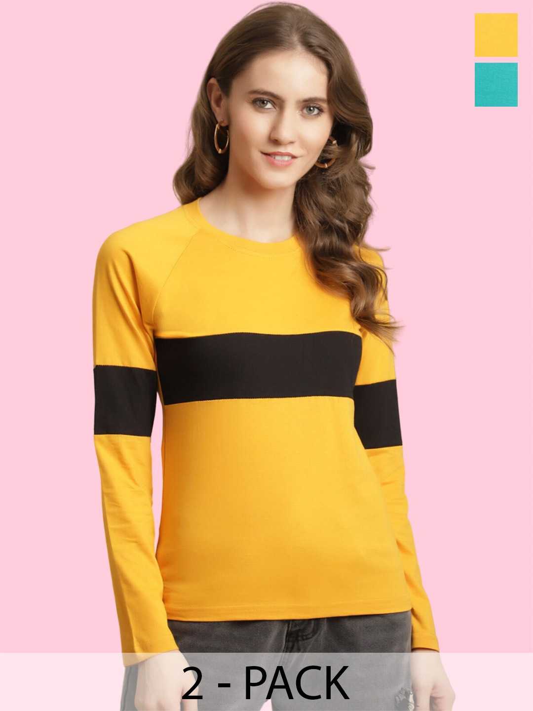 

BAESD Pack Of 2 Colourblocked Raglan Sleeves Cotton T-shirts, Yellow