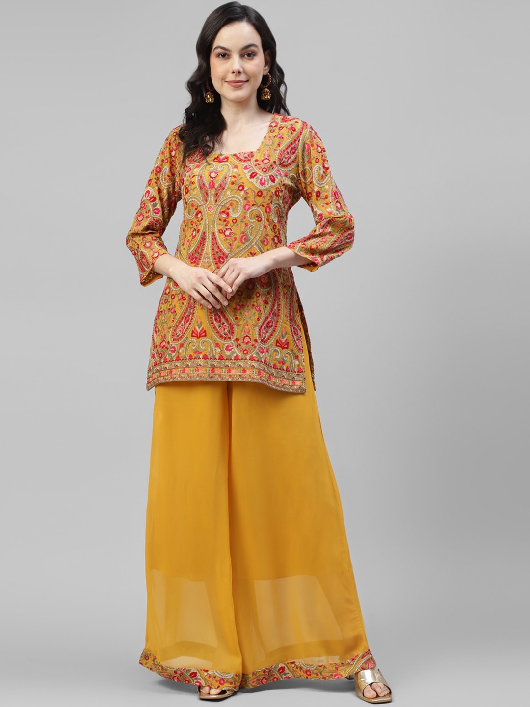 

DEEBACO Paisley Embroidered Square Neck Kurti with Sharara, Mustard