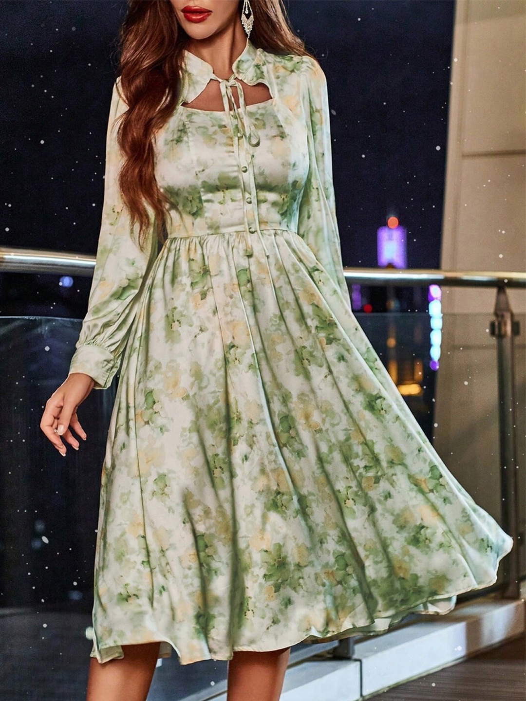 

Stylecast X KPOP Floral Printed Tie-Up Neck Cuffed Sleeves Fit and Flare Midi Dress, Green