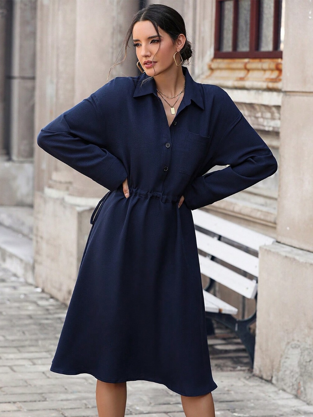 

Stylecast X KPOP Shirt Collar A-Line Midi Dress, Navy blue