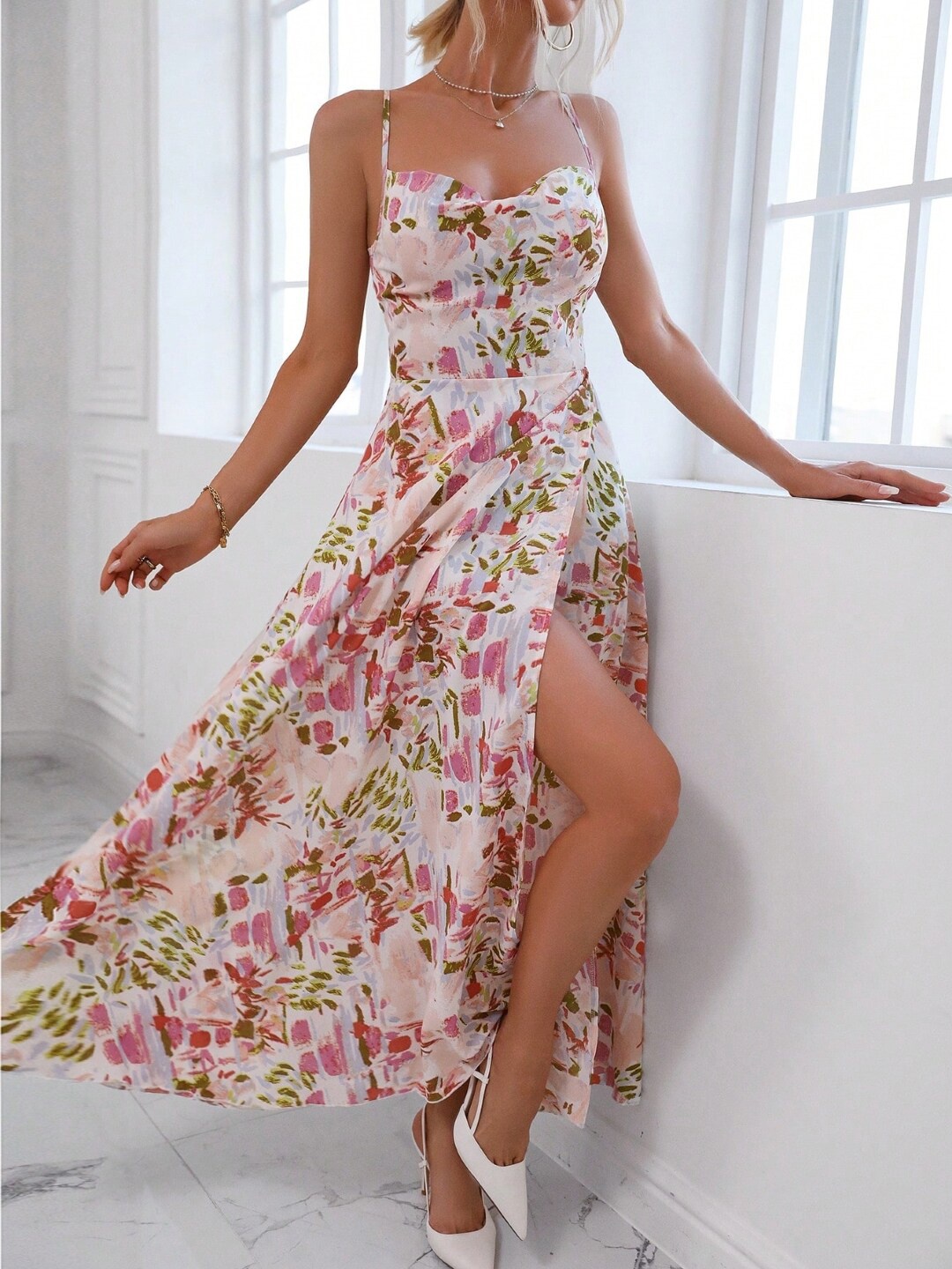 

Stylecast X KPOP Floral Printed Shoulder Straps Fit and Flare Maxi Dress, Pink