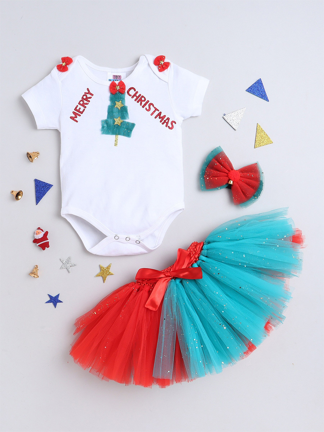 

TINY MINY ME Infant Girls Typography Printed Bodysuit With Skirt & Headband, White