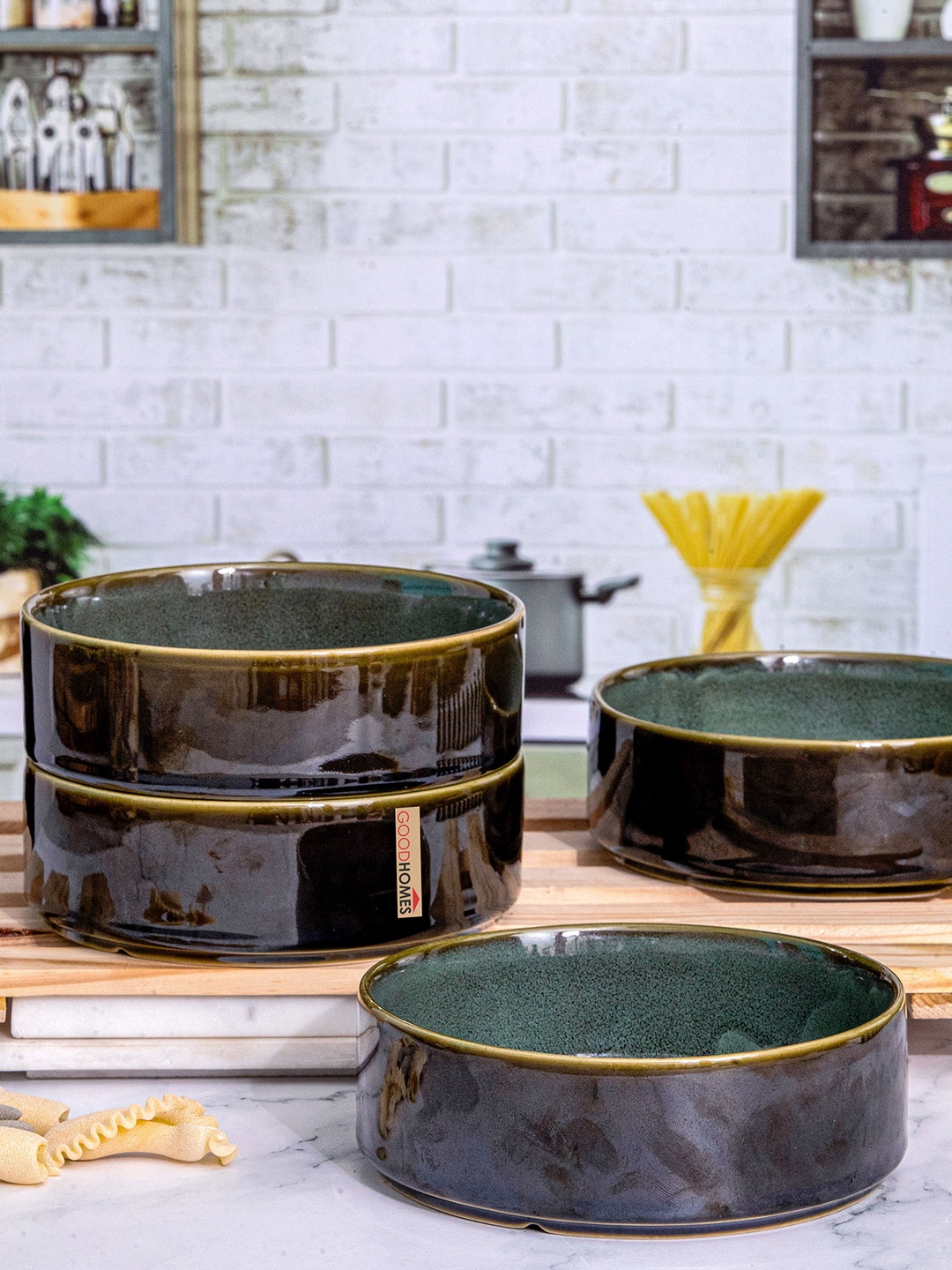 

GOODHOMES Green 4 Pieces Floral Printed Ceramic Glossy Bowls 500 ml