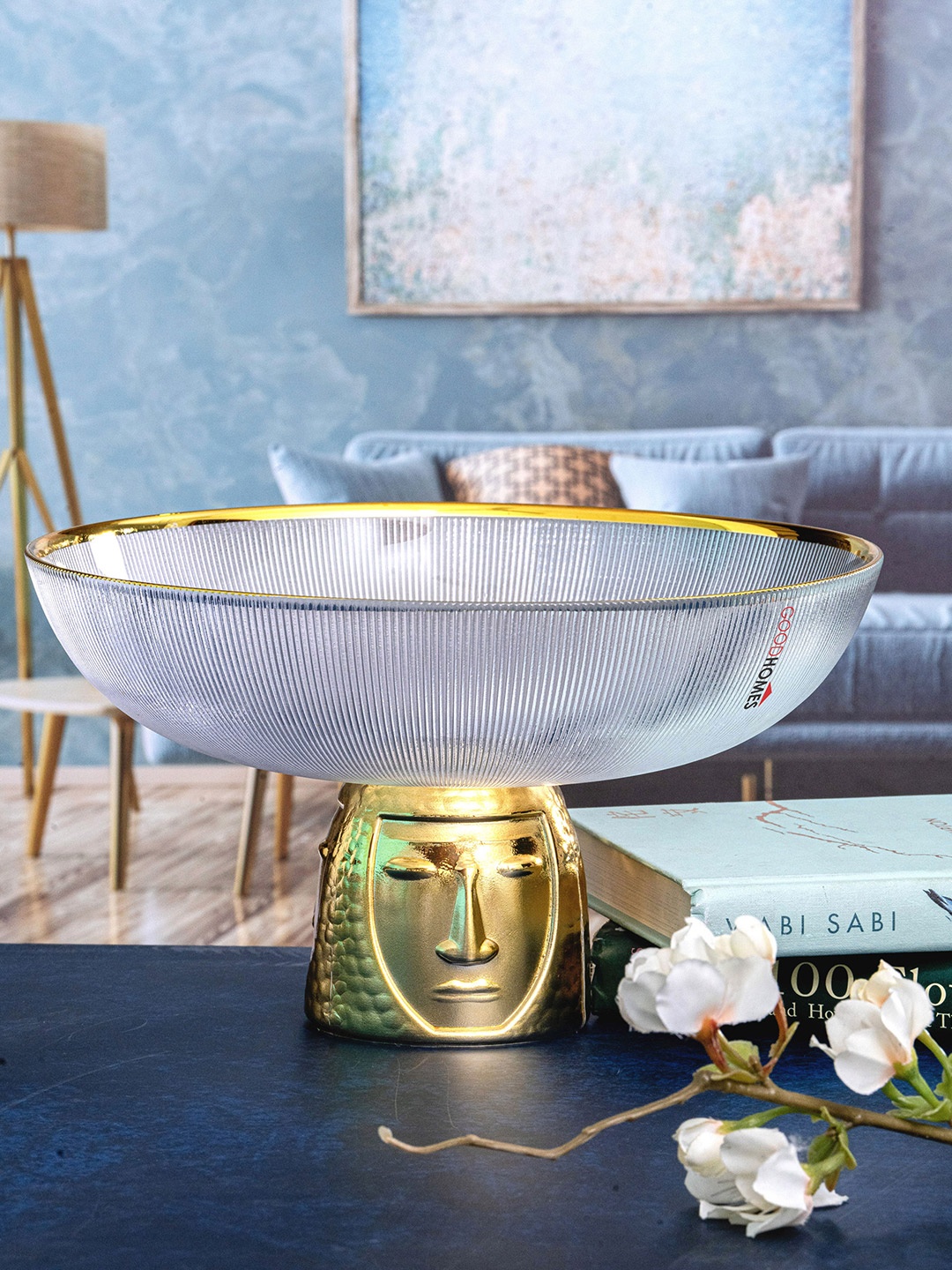 

GOODHOMES Transparent Gold Toned Line Floral Fruit Glass Bowl