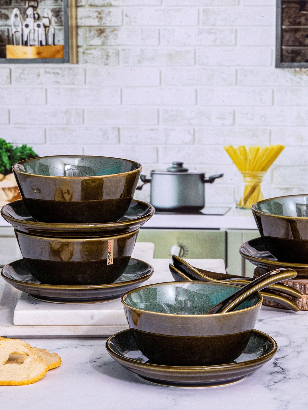 

GOODHOMES 12 Pieces Green Textured Ceramic Soup Set with Saucer