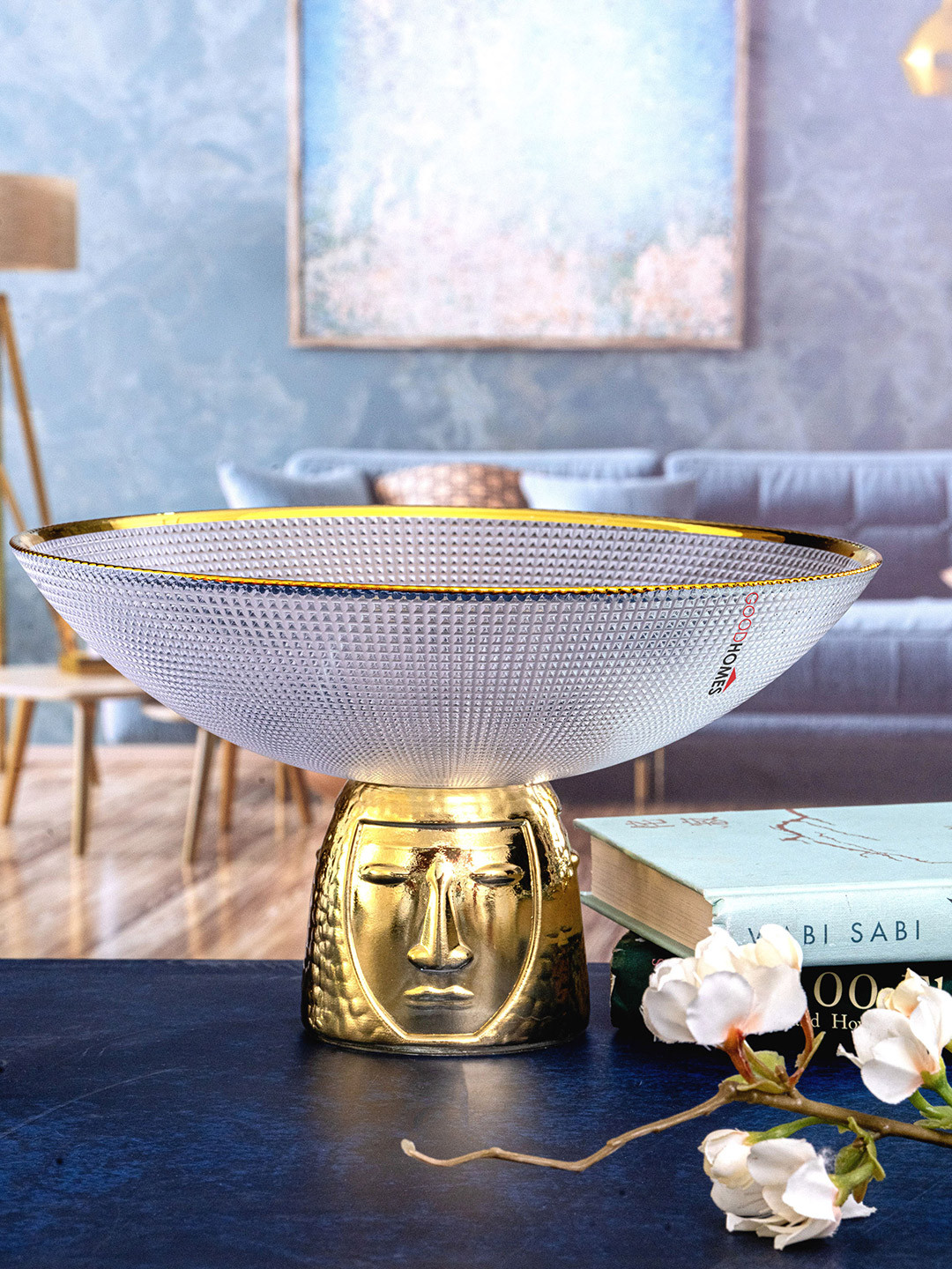 

GOODHOMES Transparent & Golden Textured Fruit Glass Bowl