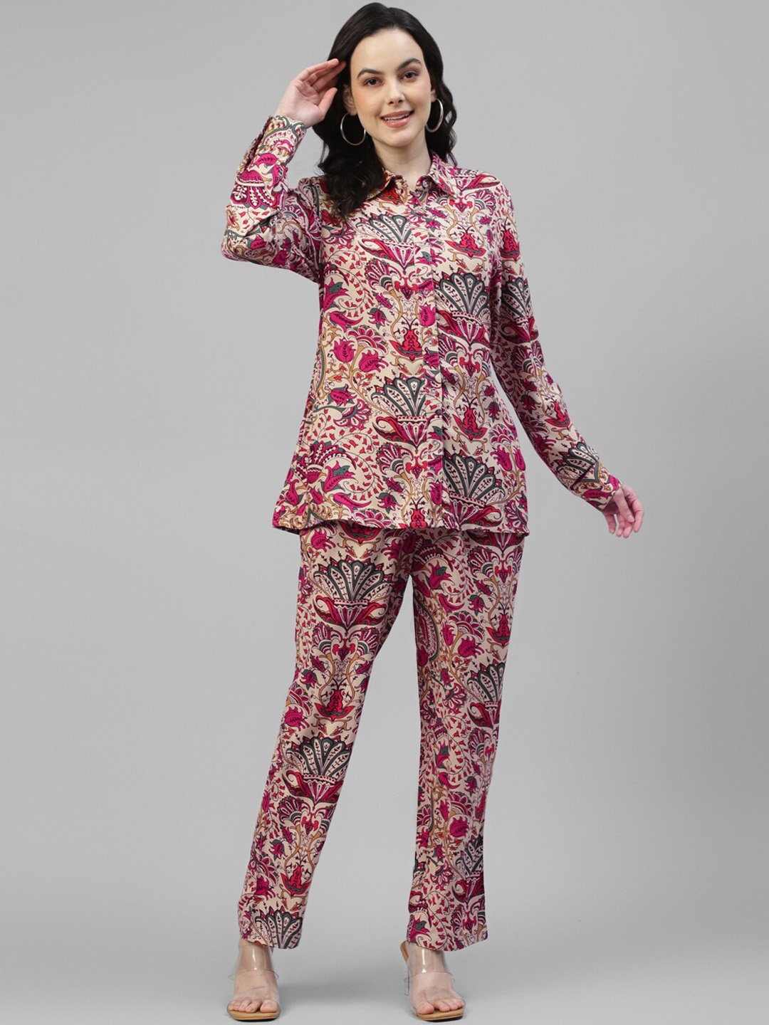 DEEBACO Ethnic Motifs Printed Shirt With Trousers, Beige