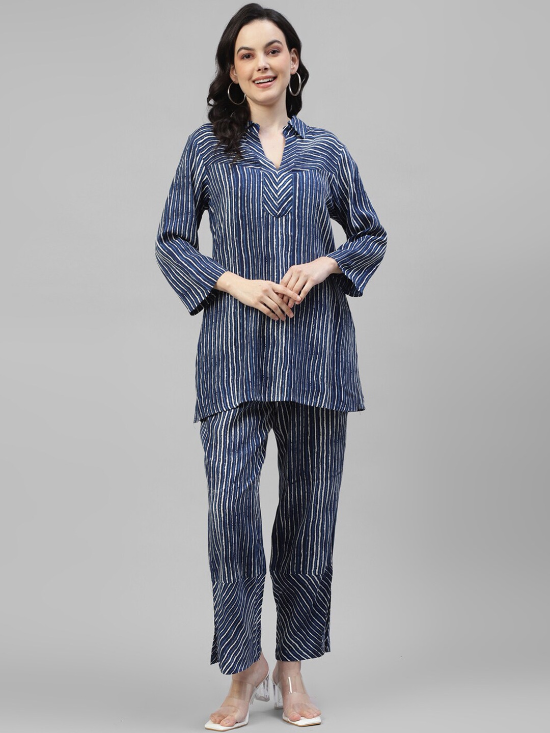 

DEEBACO Striped Shirt Collar Co-Ords, Blue