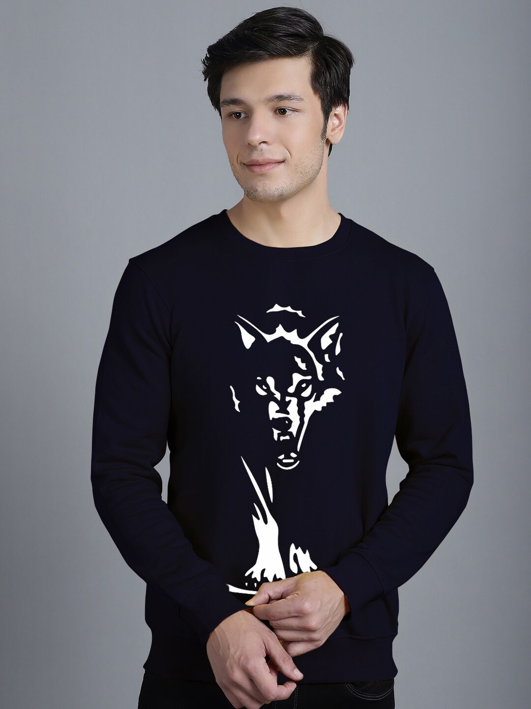 

Friskers Printed Long Sleeved Fleece Pullover Sweatshirt, Navy blue
