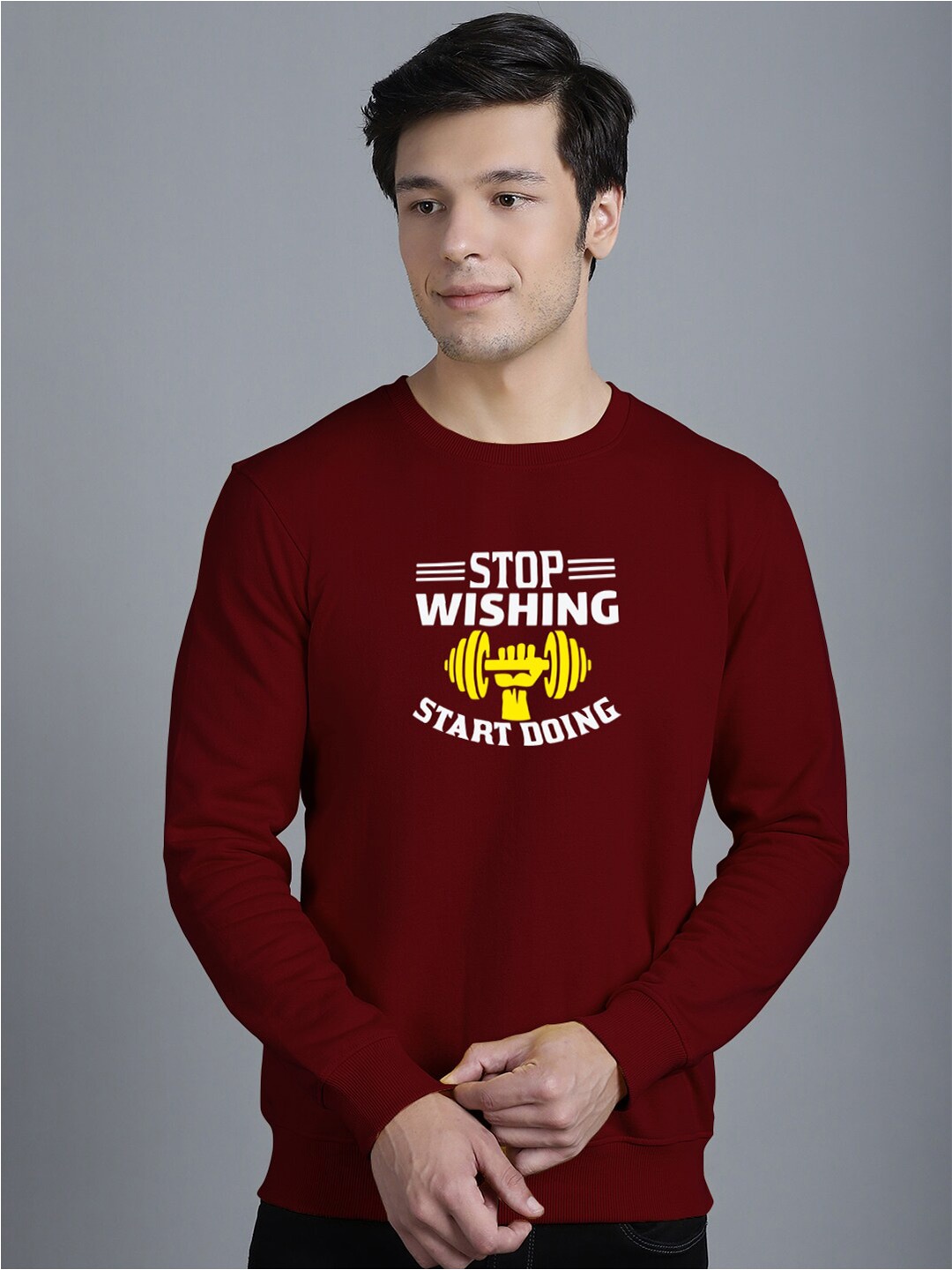 

Friskers Typography Printed Round Neck Fleece Pullover, Maroon