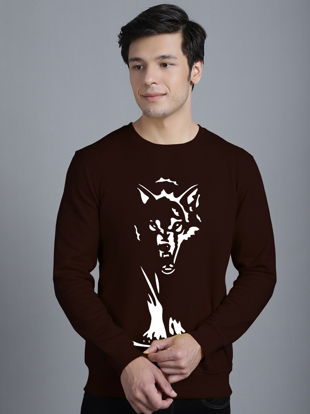 

Friskers Graphic Printed Round Neck Fleece Pullover, Brown