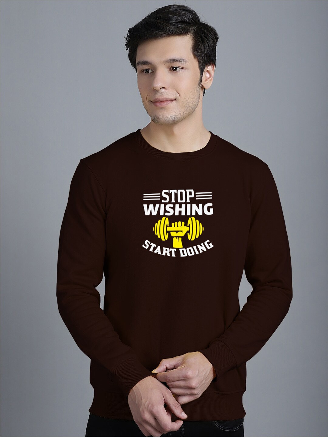 

Friskers Typography Printed Round Neck Fleece Pullover, Brown