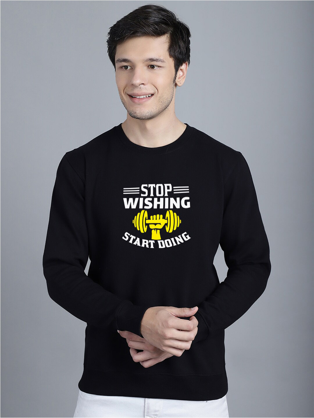 

Friskers Typography Printed Round Neck Fleece Pullover, Black