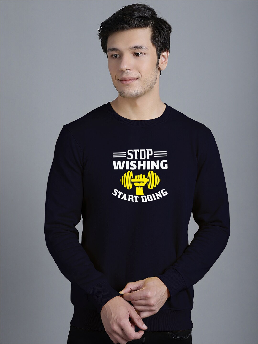 

Friskers Typography Printed Round Neck Fleece Pullover, Navy blue