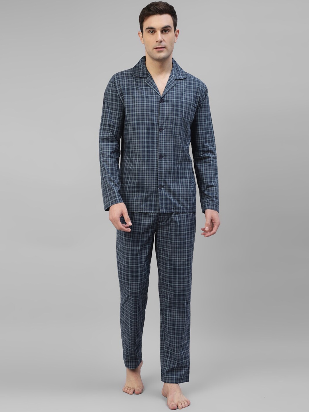 

Hancock Checked Lapel Collar Pure Cotton Relaxed Fit Night Suit, Navy blue